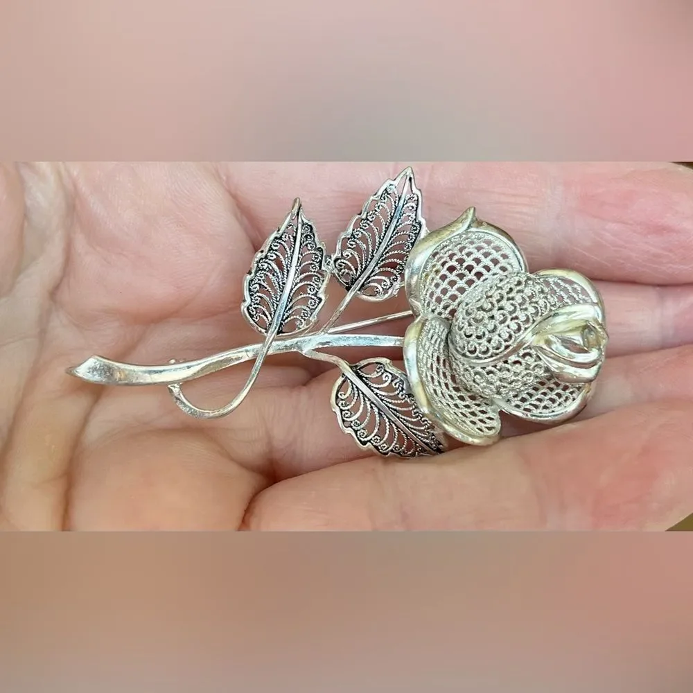 Vintage sterling rose brooch - Picture 4 of 11